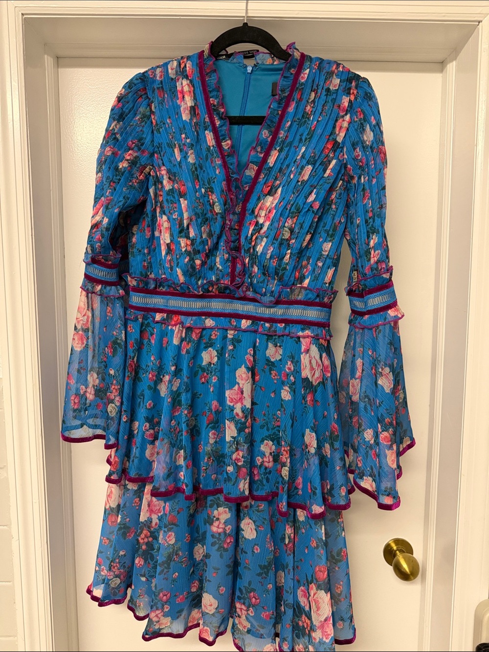 Tadashi Shoji Teal Blue Floral Tiered V-Neck Dress with Pink Accents